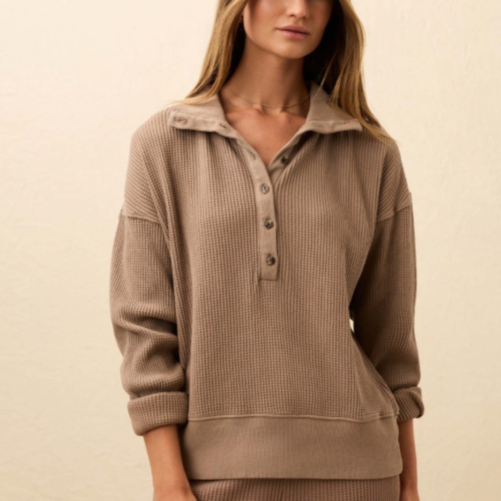 Faherty - Après Waffle Textured Long Sleeve Button Henley Tan Brown Top - XL